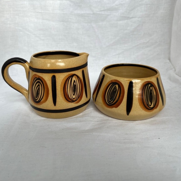 PYPERS WYND Pottery Cream & Sugar Bowl Prestonpans Scotland Hand Painted Browns - Picture 1 of 7